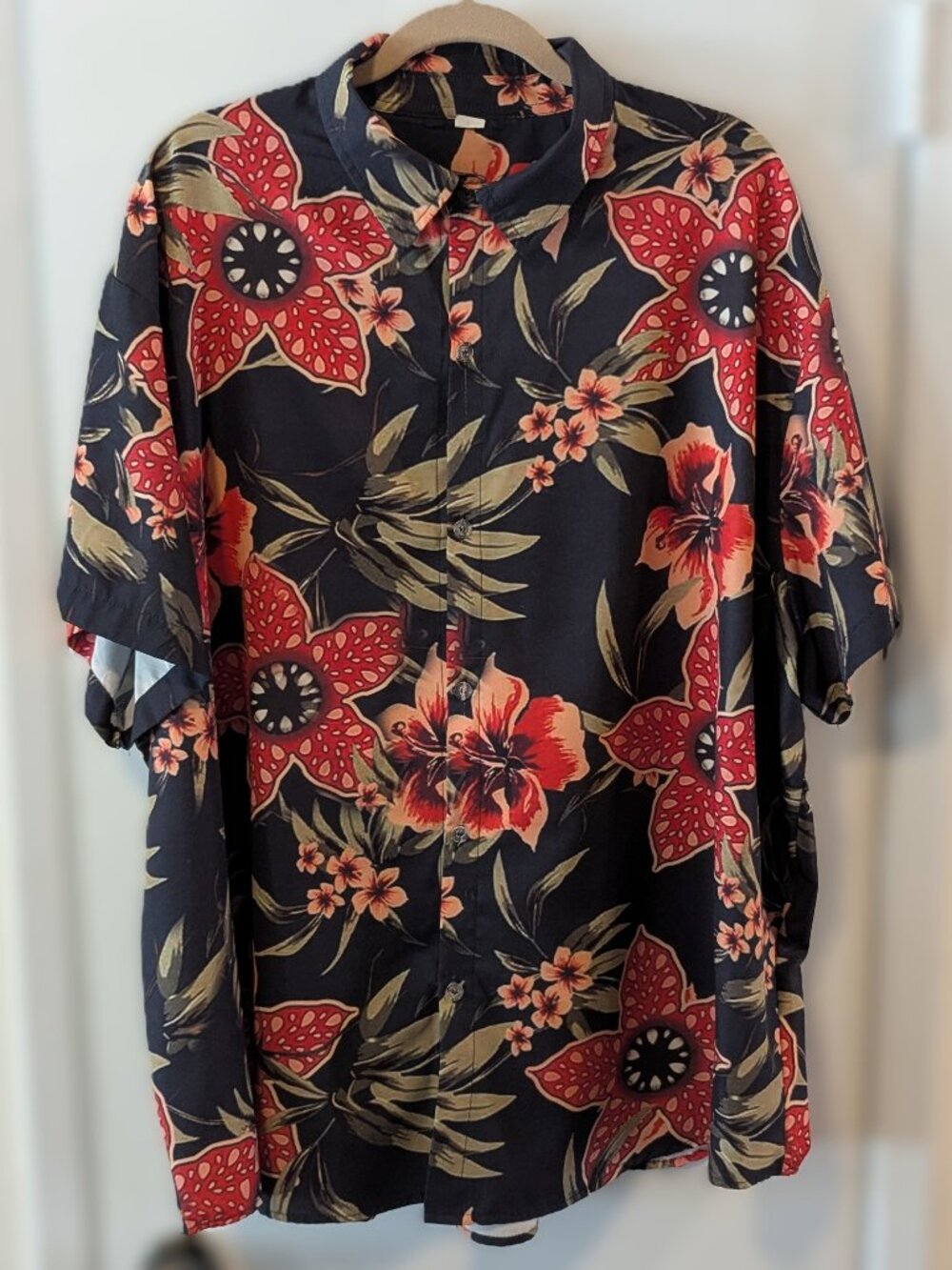 Stranger Things Demogorgon Floral Hawaiian Shirt - Black/Red Short Sleeve - 5XL